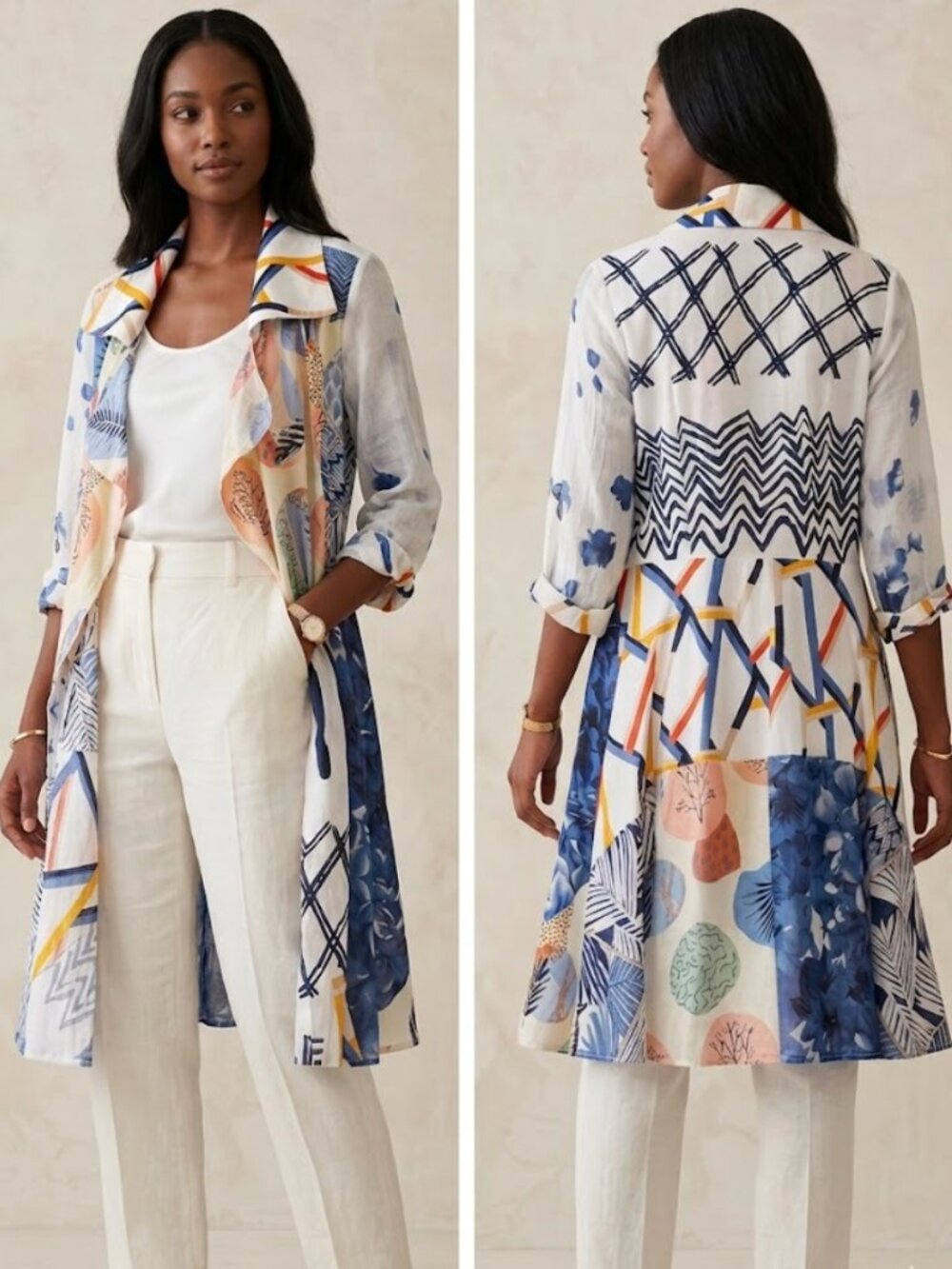 Feratelli Bohemian Abstract Artsy Open Front Duster Cardigan Jacket SZ M